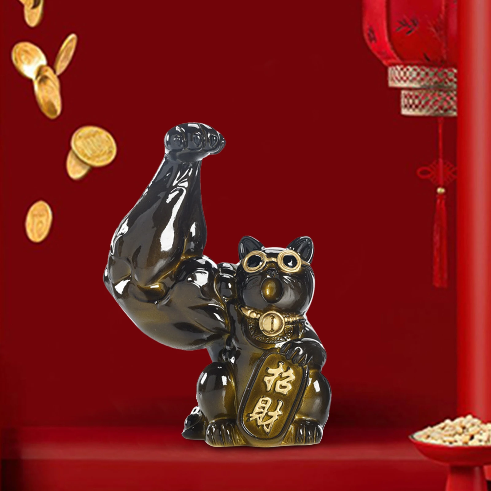 Creative Lucky Cat Figurine Statue Feng Shui Sculpture Home Office Welcoming Money Cat Tabletop Big Muscle Arm for Decoration