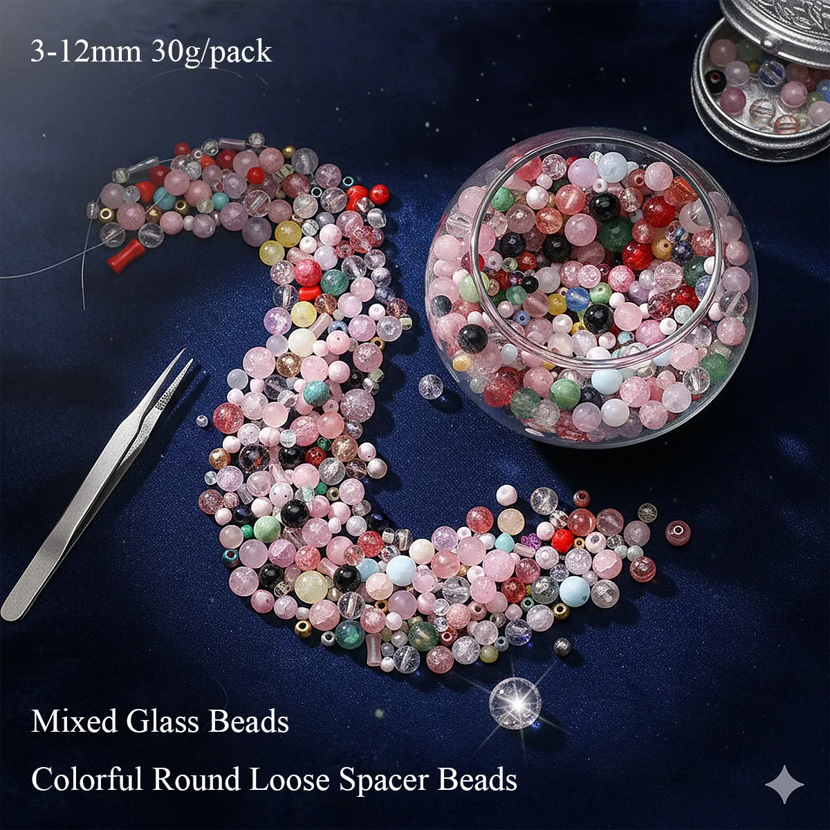 

30g Mixed 3-12mm Glass Beads Colorful Round Loose Spacer Beads for DIY Bracelet Necklace Phone Chain Jewelry Making 90-120pcs