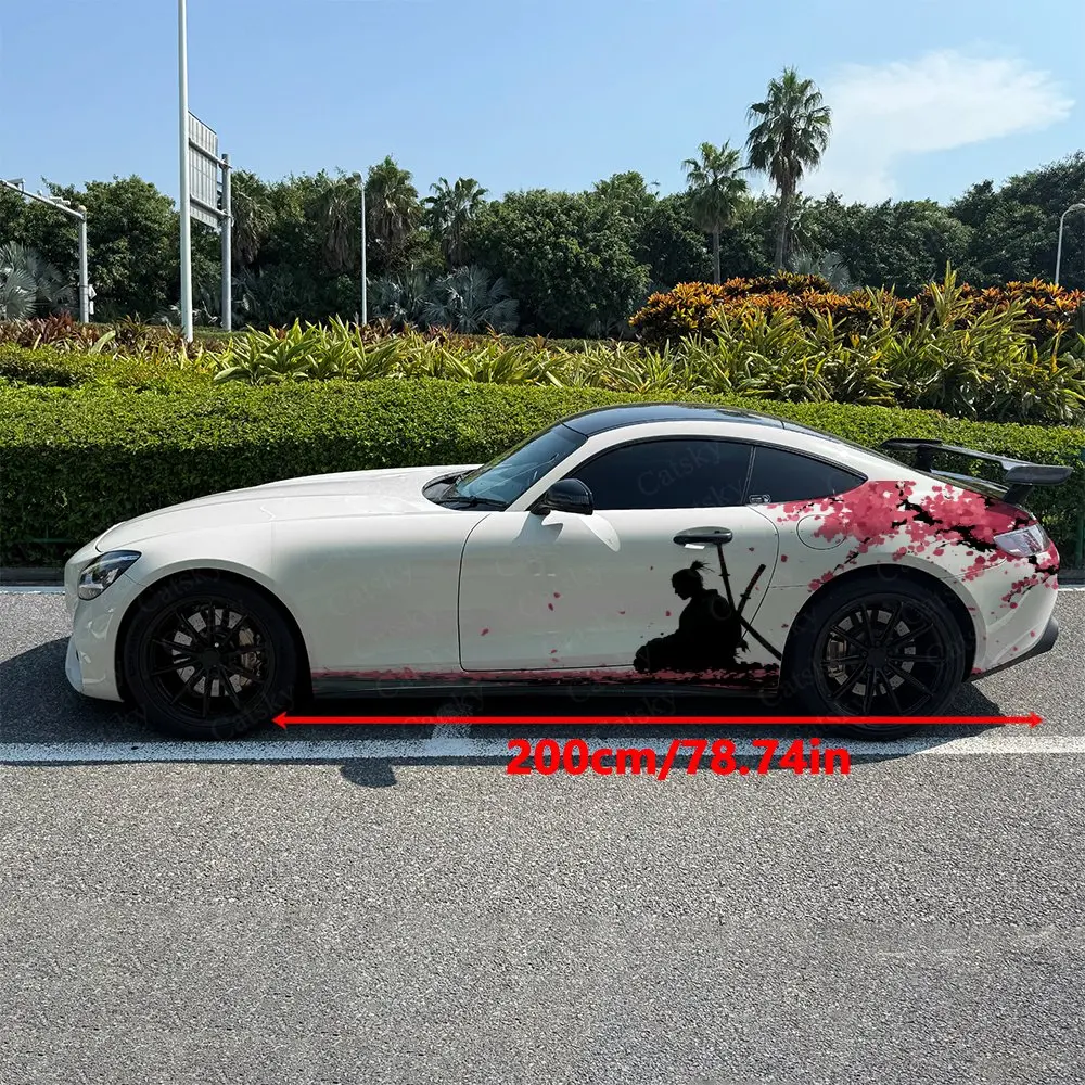 2pcs Cherry Branches Sitting Warrior Car Side Wrap, Self-Adhesive PVC Waterproof & Scratch-Resistant Sticker, Car Accessory Gift