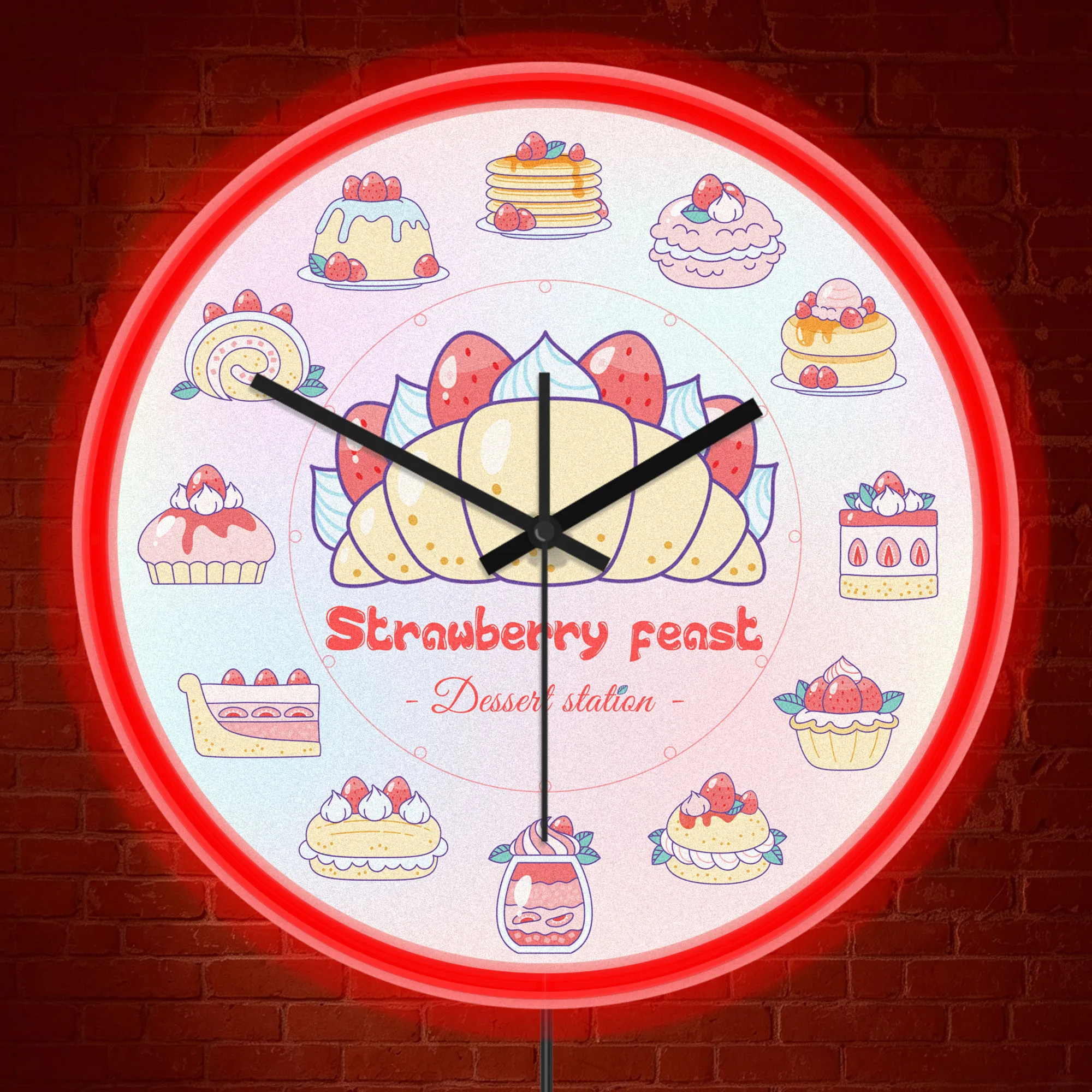 Cartoon Bakery Strawberry Feast Dessert Neon Wall Clock Pastry Fruit Croissant LED Light Up Wall Clock Bakers Pastry Lovers Gift