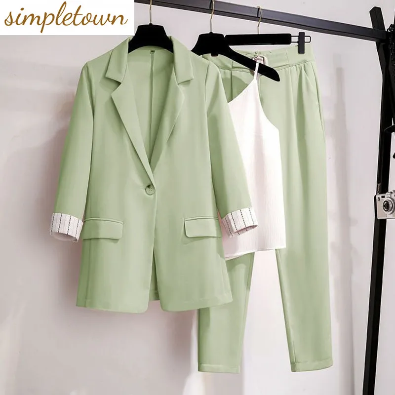 Korean Style Summer Thin Jacket Blazer Casual Wide Leg Pants Two-piece Elegant Women's Pants Set Office Business Suit Outfits