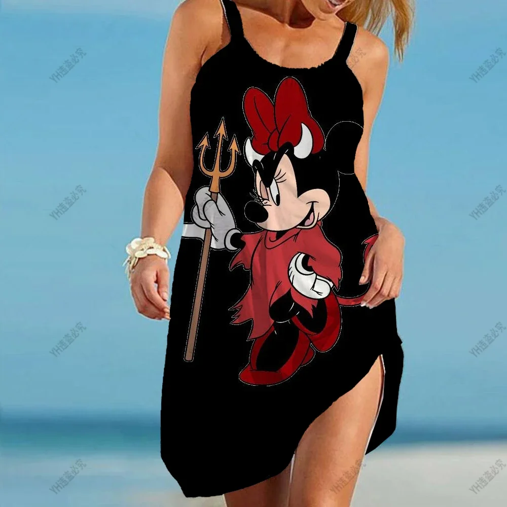 Women Vintage Sling Beachwear Summer Fashion Party DressDisney Minnie Mickey Mouse Sexy 3D Dyed Rainbow Straps Beach Dress