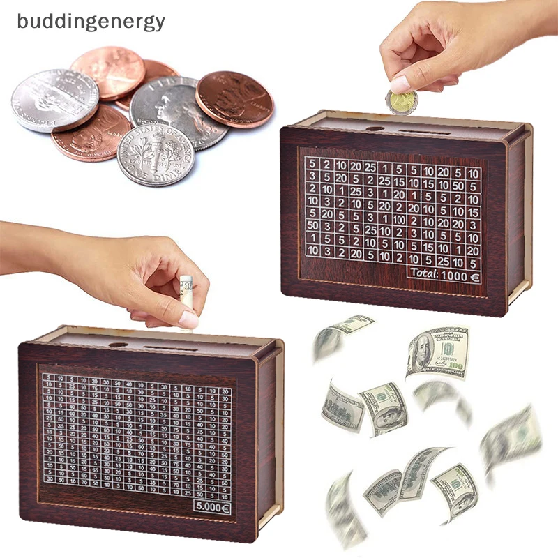 Wooden Piggy Bank Money Box Money Saving Binder 1000/3000/5000/10000 Reusable Money Box with Saving Goal Coins Savings Supplies