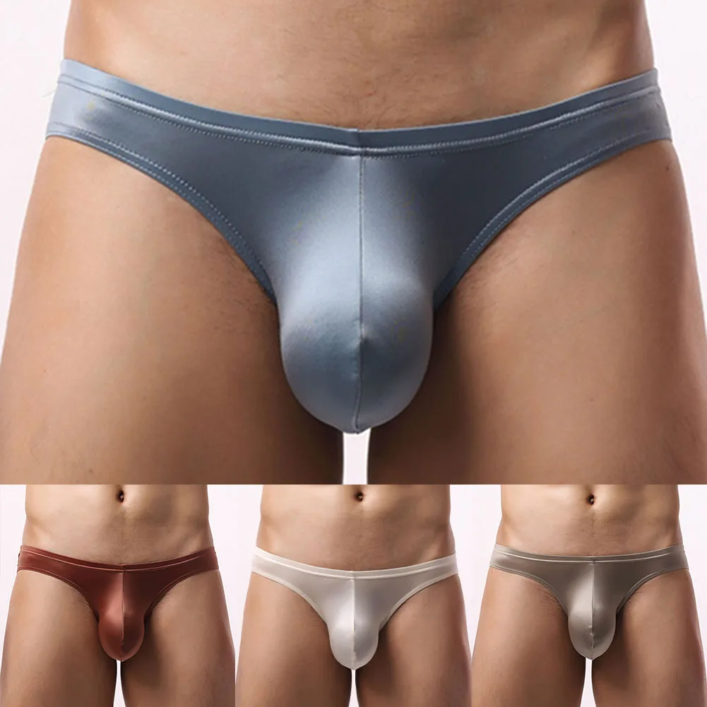 Ice Silk Bulge Pouch Men Satinlike Ice Silk Underwear Briefs Solid Color Breathable Comfortable Bulge Pouch Fabric