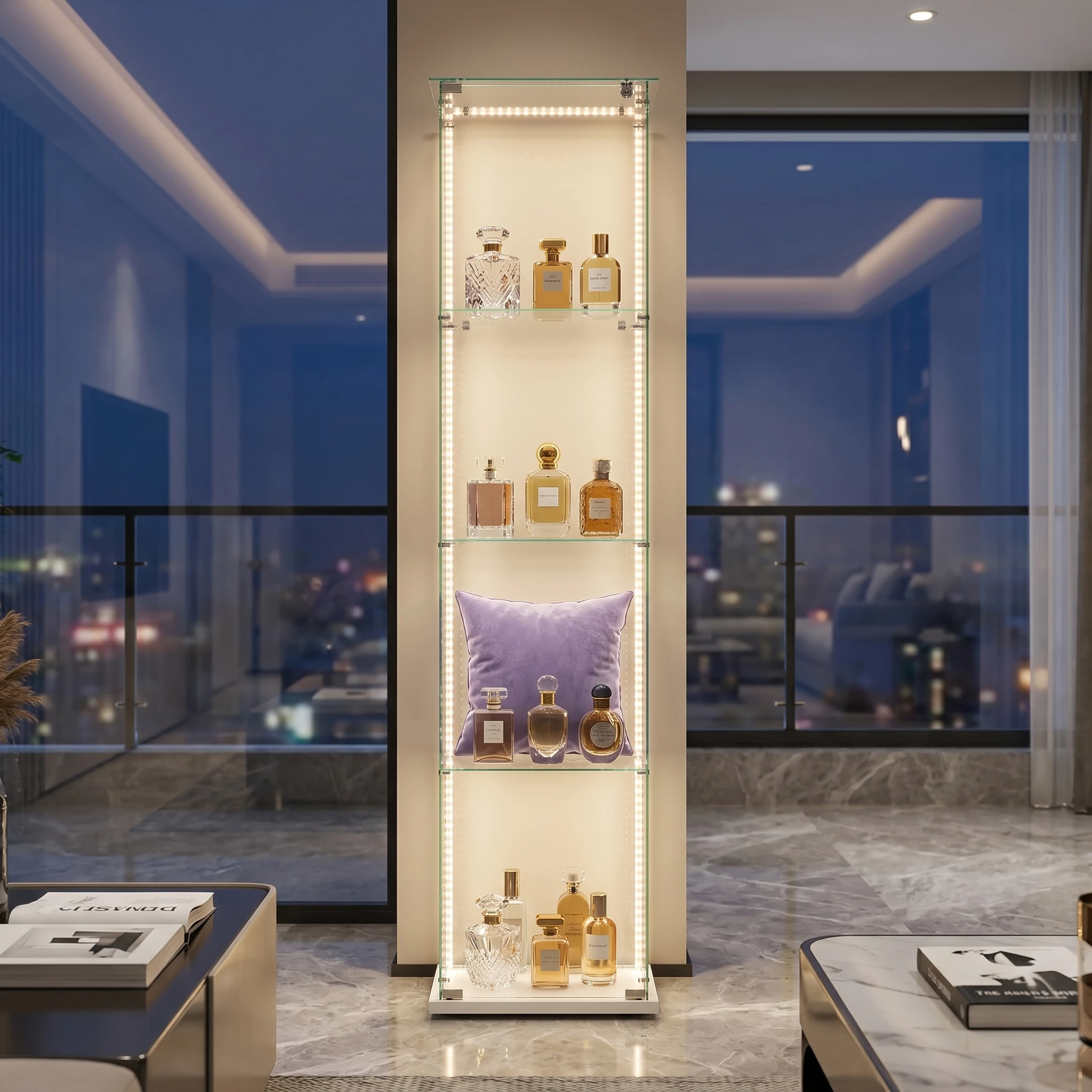Vitrine à 4 niveaux Anajqaqia avec éclairage LED, armoire de rangement vitrée à une seule porte, blanche