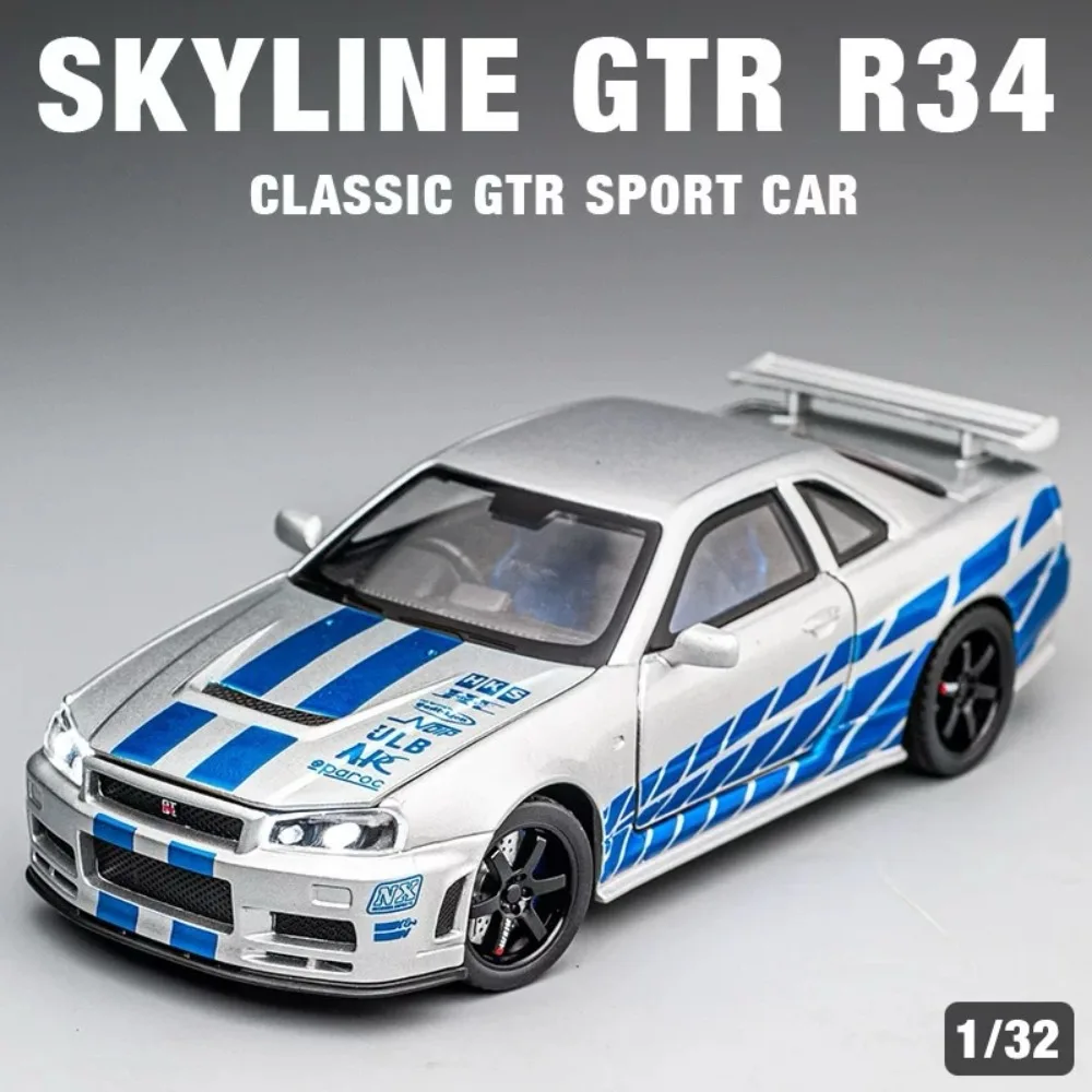 1:32 escala GTR-R34 r35 modelo de carro esportivo brinquedo roda direção liga diecast veículos modelos som luz puxar para trás presentes para crianças