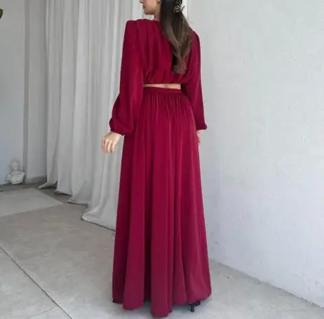 Herbst Neues Damen-Set, lässig, elegant, einfarbig, langärmelig, Rundhals-Top und hoch tailliertes A-Linien-Langrock-Set