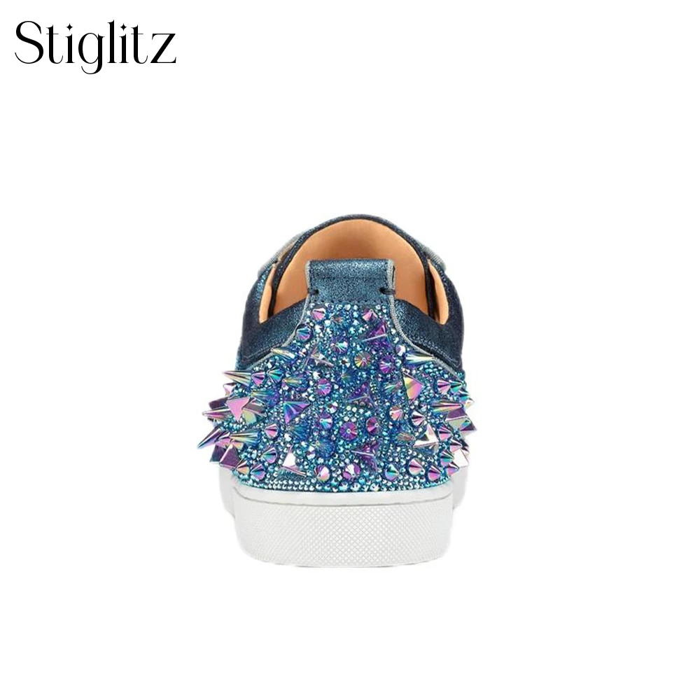 Colorful Rhinestone Rivet Sneakers Round Toe Lace-Up Flats Fashion Designer Style Luxury Shoes for Men and Women Handmade Shoes