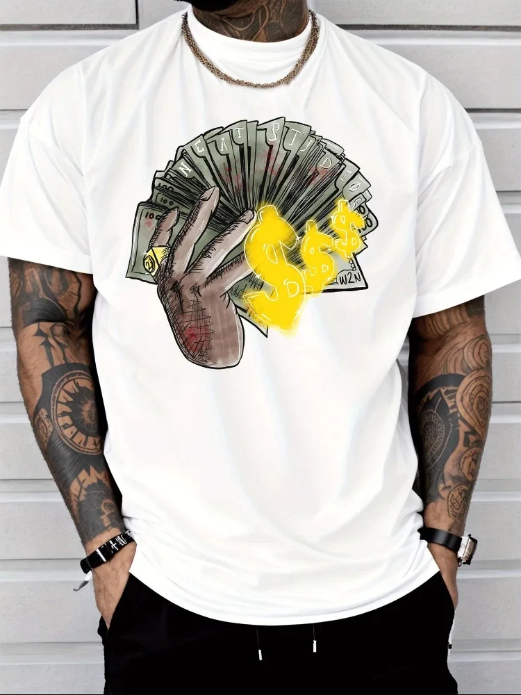 Mens Summer Crew Neck Short Sleeve Tee Hand Holding Dollar Money Sign Print Black Streetwear Casual Loose Daily Fashion Top