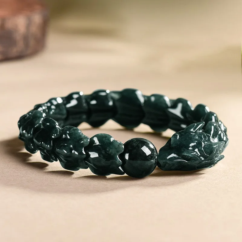 Natural High-end Dark Blue Jadeite Exquisitely Carved Dragon Bone Jade Bracelet Fashionable Gift Men and Women Couples Amulet