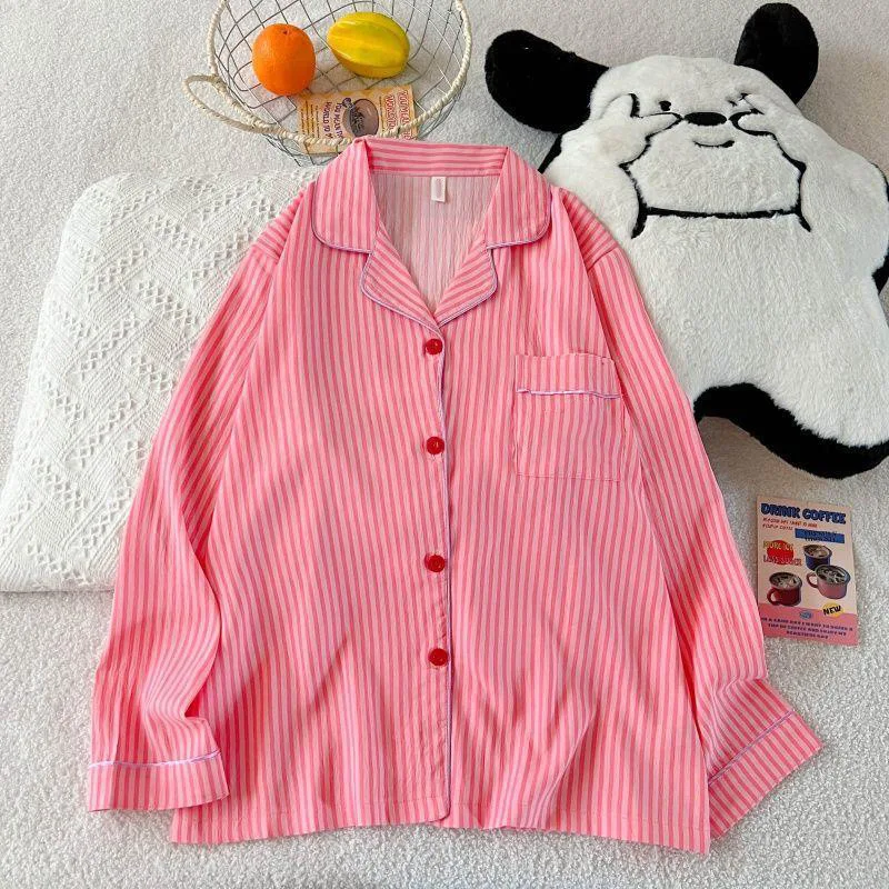 Autumn and Winter Two-Piece Women's Printed Pajamas, Long Sleeved Button Up Collar Top and Pants, Loose Casual Home Suit Set 3