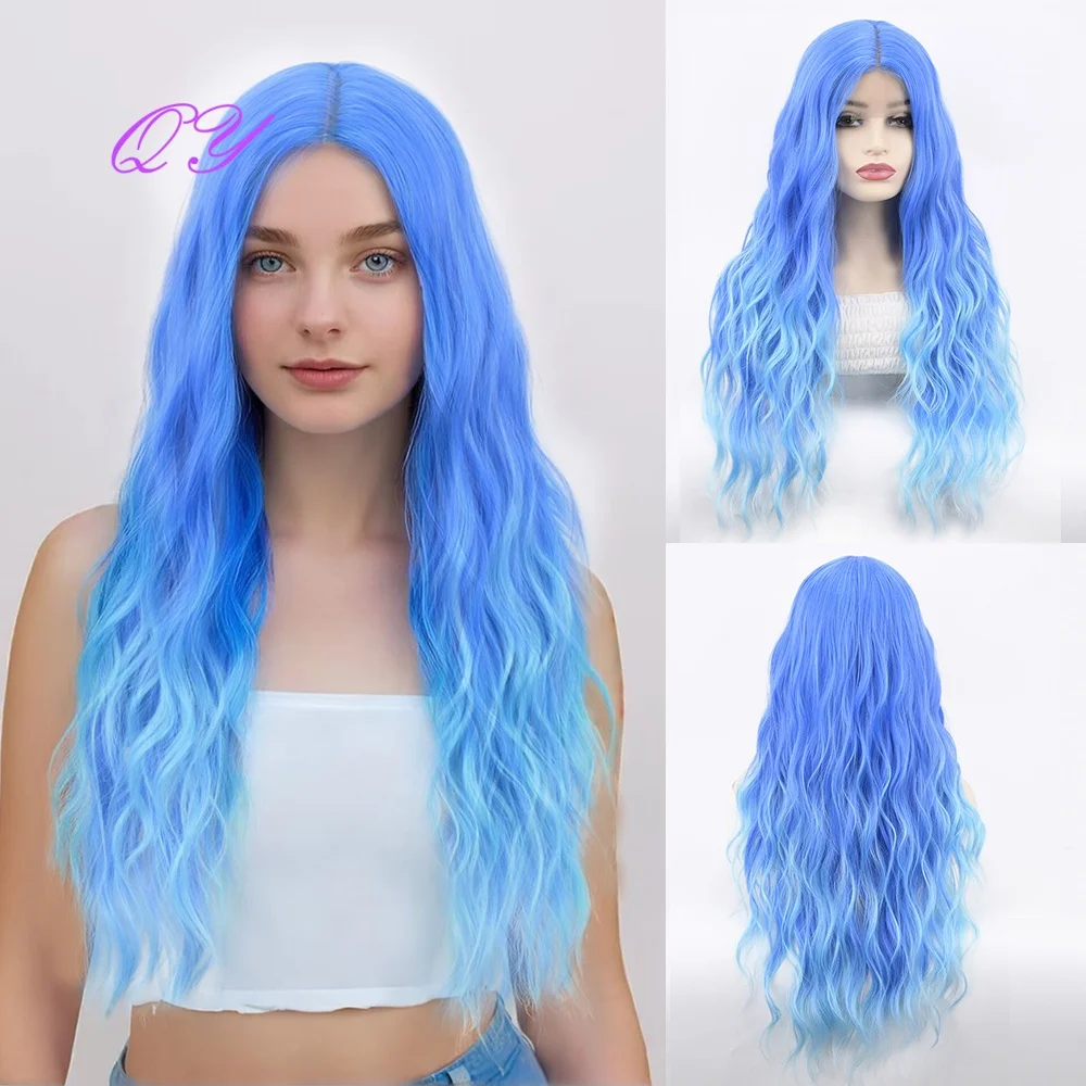 

Синтетический 28-дюймовый градиентный синий фиолетовый волнистый завитый имитация кожи головы для женщин косплей аниме парик