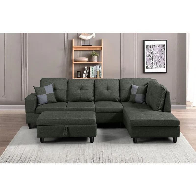 Modern 103" Sectional Sofa for Lving Room Couch Set with 3-Seat and Right Chaise Longue w/ 2 Pillows Storage Ottoman for