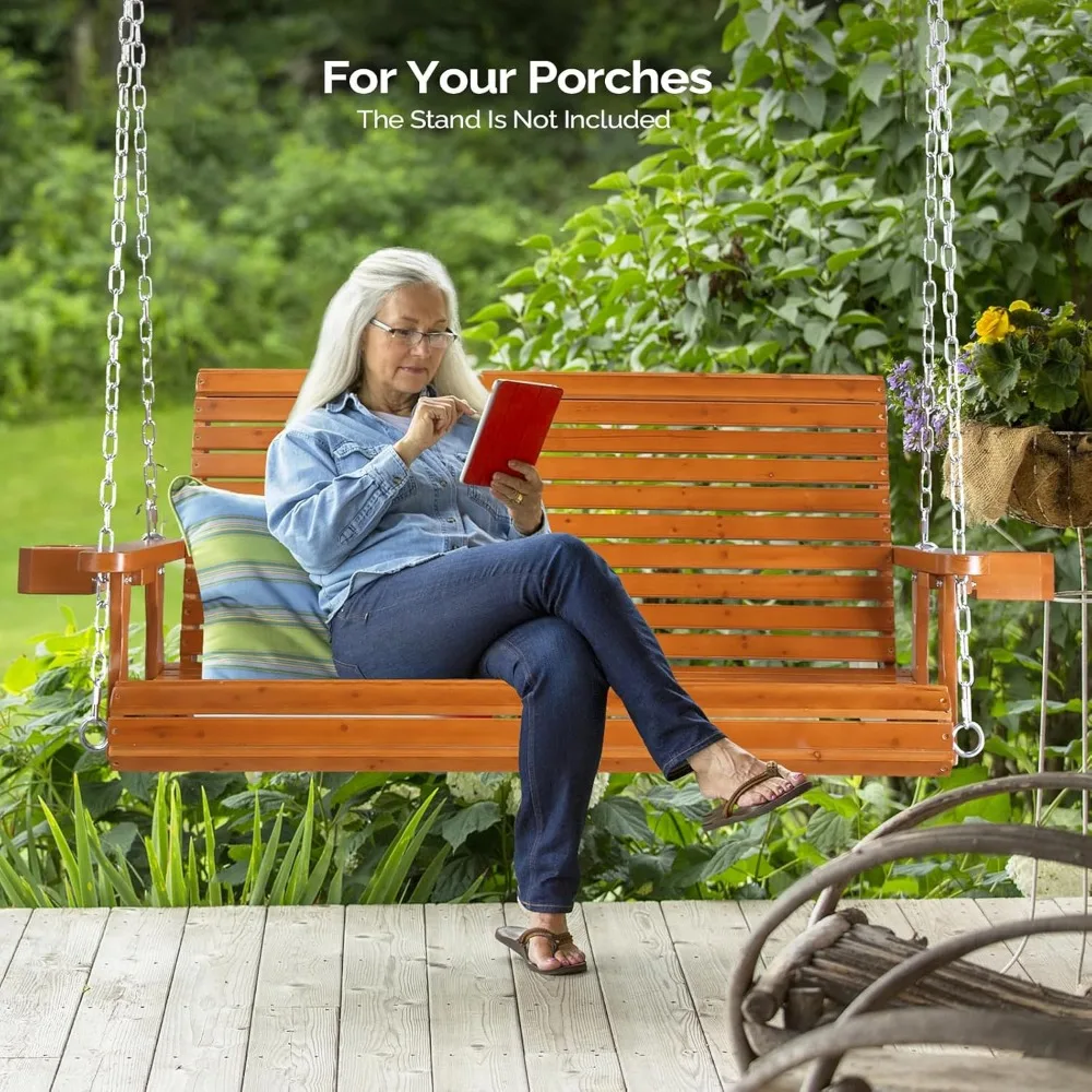 أرجوحة شرفة خشبية شديدة التحمل في الهواء الطلق مقاس XL مع حاملات أكواب، مقعد كرسي أرجوحة معلق بسعة 880 رطلاً