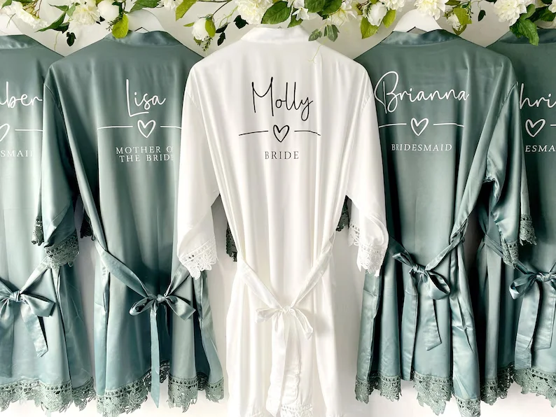 Roupões de dama de honra, presente de noiva, robe de dama de honra, cetim, renda, vestido de noiva, festa de noiva, robe de casamento perso