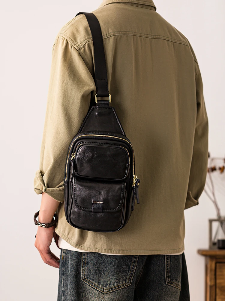 casual sports high-quality First layer cowhide men's chest bag fashion luxury handmade cow leather multi-pocket crossbody bag