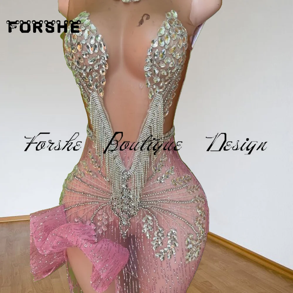 Robe de Bal Sexy Rose avec Fente Latérale pour Fille Noire, Tenue Éducative avec Strass et Perles, pour ixde Gala, 2024