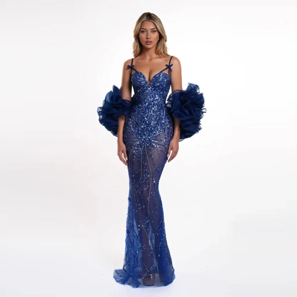 Luxury Mermaid Evening Dress Sexy Bow Spaghetti Straps Party Dresses  See Through Sequined Tulle Customized Cocktail Gown