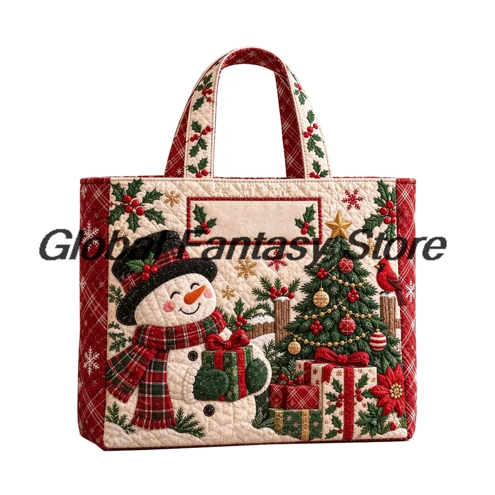 Women Vintage Christmas Quilted Tote Bag Xmas Holiday Pattern Shoulder Bags Large Capacity Casual Shopping HandBag