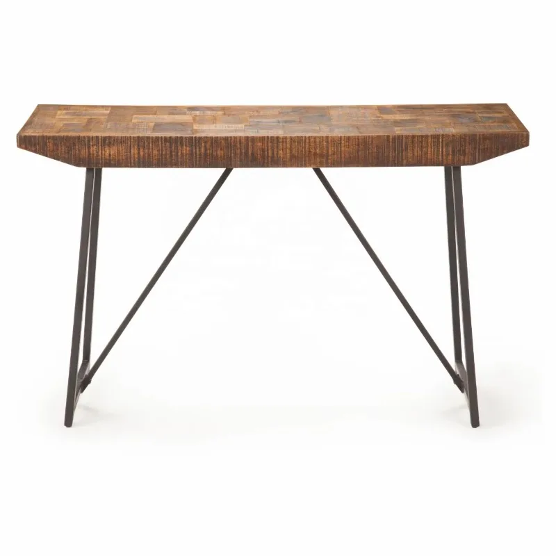 Rustic Industrial Sofa Table With Parquet Pattern Solid Mango Wood Top With Black Iron Base Living Room Wooden Console Table