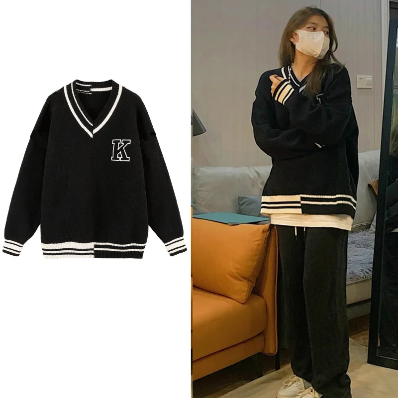 

Вязаный кардиган большого размера свободного кроя для полных женщин, осенне-зимний, модный, в студенческом стиле, с длинными рукавами, V-образным вырезом, из смесовой шерсти