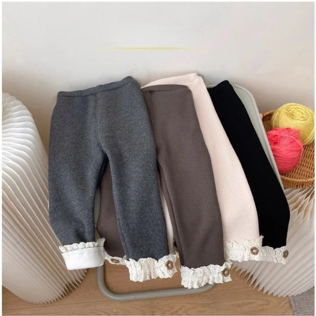

Kids Girls Fleece Lined Leggings 1-6Y Autumn Winter Warm Thermal Pants Ruffle Lace Trim Elastic Waist Baby Bottoming Trousers