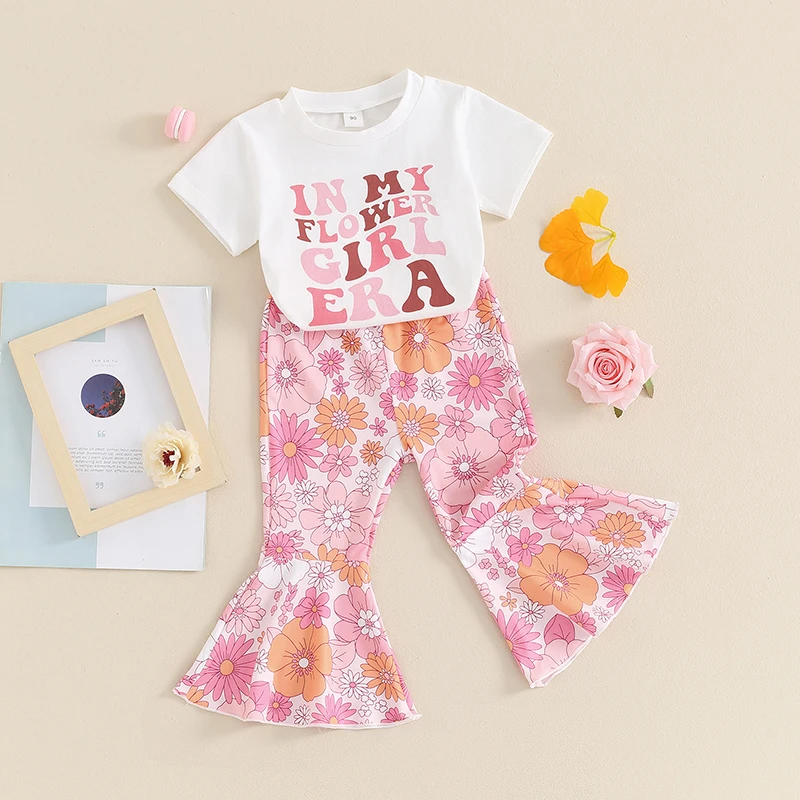 Toddler Baby Girls Clothes Set Short Sleeve Round Neck Letter Print T-Shirt + Elastic Waist Floral Flare Pants Summer Outfits