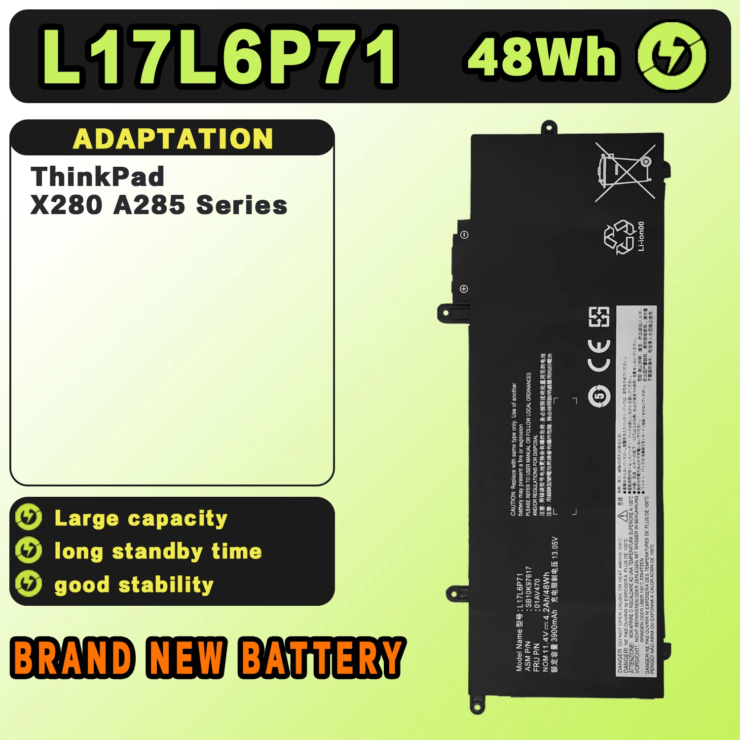 

SAT Laptop Battery for Lenovo L17L6P71 L17M6P71 L17C6P71 ThinkPad X280 Series 01AV470 01AV471 01AV472 SB10K97617 11.4V 48WH