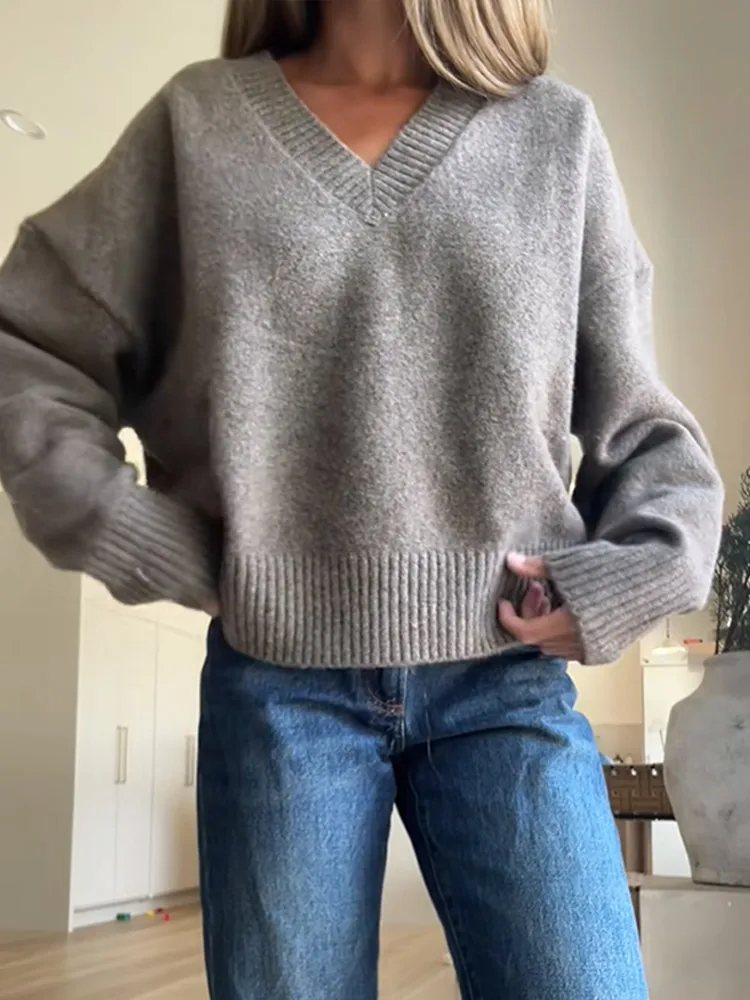 

Solid Casual Women Knitted Short Pullover Fashion V-neck Long Sleeve Loose Sweater 2025 Autumn Lady Commute Street Knitwear