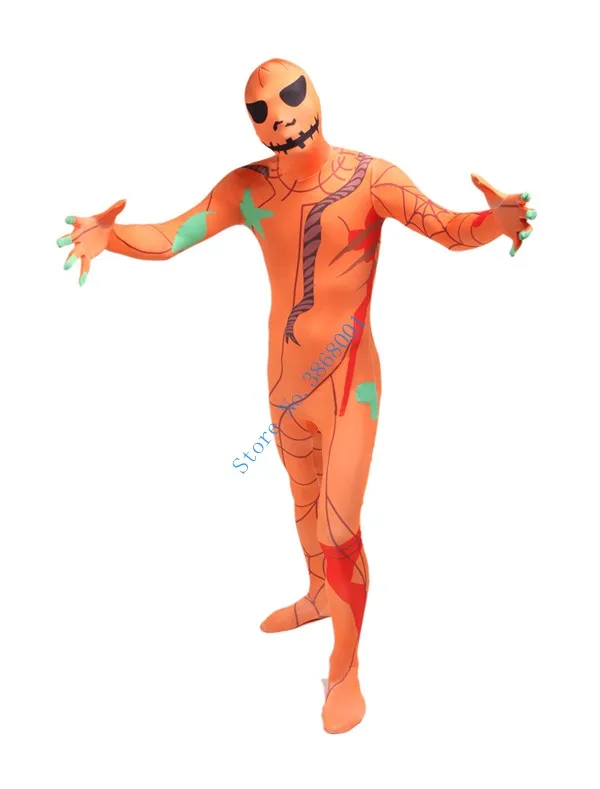 Halloween Cosplay Catsuit Kostüm Orange Kürbis Druck Lycar voller Bodysuit