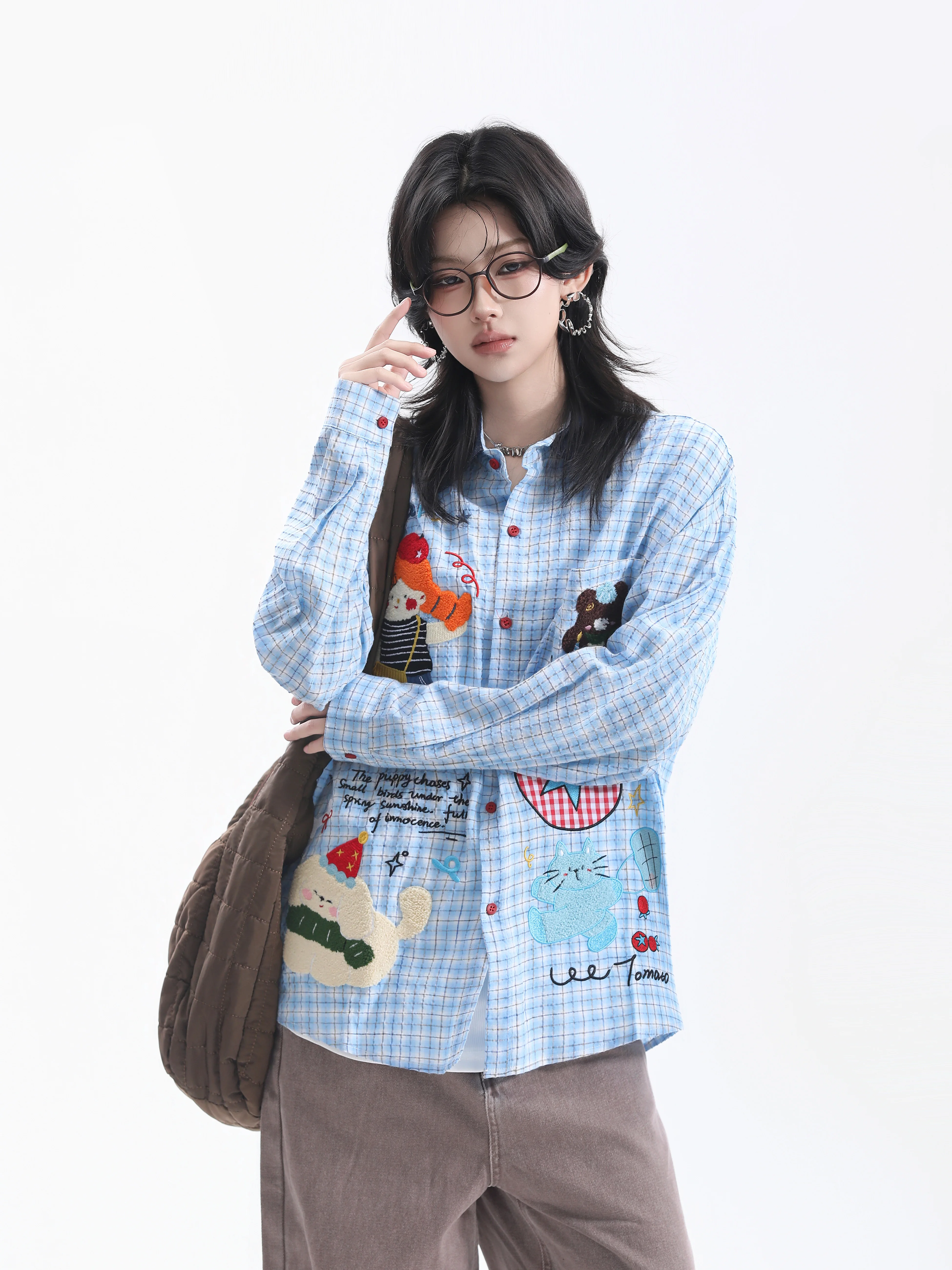 Casual Oversize Plaid Long Sleeve Shirt Women's Doll Patchwork Cotton Blend Comfortable Unisex Casual Shirt for Couples