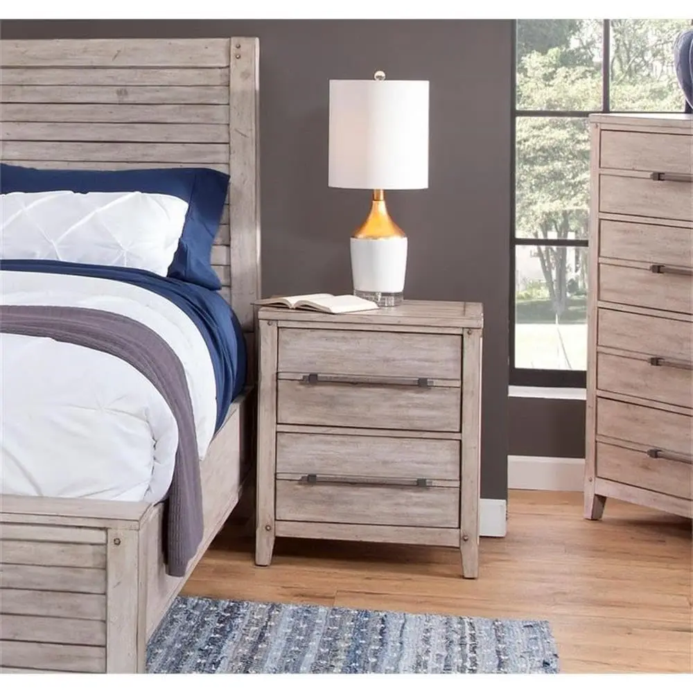 White-Washed Wood Two Drawer Nightstand Bedroom Storage Furniture, Customized