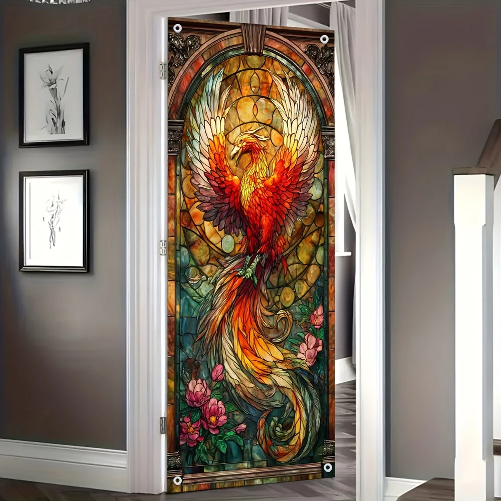 Art Nouveau Phoenix Door Banner Stained Glass Style Polyester Door Cover Wall Hanging for Home Entrance Living Room Party Decor
