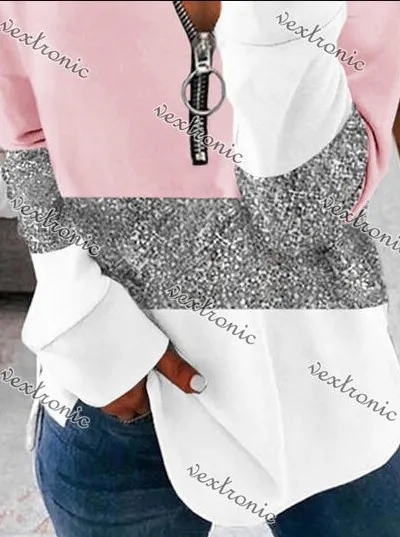 Nyfairy Plus Size Women's V Neck Long Sleeve Sweet Pink Colorblock Graphic Print Zipper Top