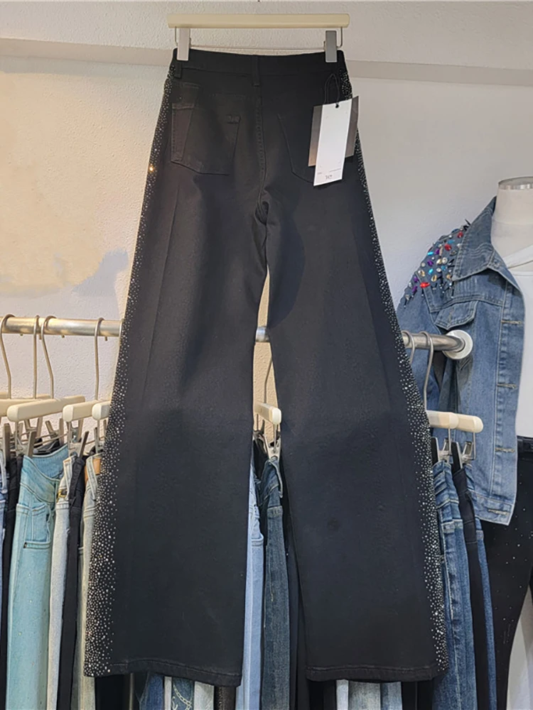 DEAT Jeans da donna a vita alta lato nero stampa a caldo strass pantaloni larghi dritti a gamba larga in denim 2025 primavera nuova moda