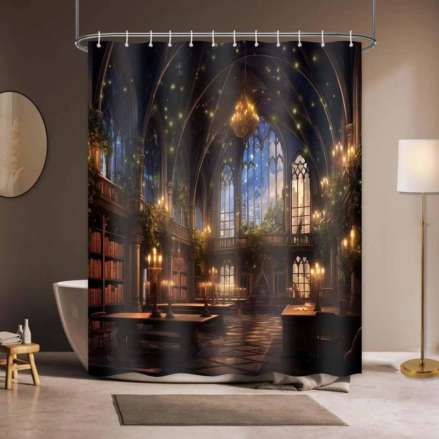 Starry Gothic Library Shower Curtain, Magical Nighttime Library with Glowing Lights, Vintage Books and Arched Windows