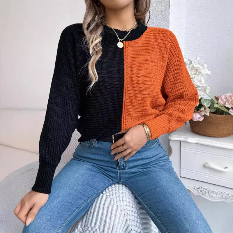 

Women's Long Sleeved Sweater Knitted Versatile Casual Contrasting Color Pullover Sweater 2024 Casual Autumn And Winter Knti Tops