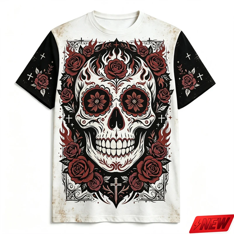 Vintage Sugar Skull Rose Graphic T Shirt Men Loose Quick Dry Short Sleeve Tee 3d Print Oversize Gothic Halloween Fashion Tops