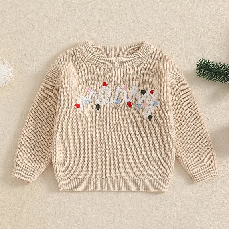 Winter Baby Girls Boys Christmas Sweaters Kids Knitted Pullover Tops Baby Boys Girls Letter Embroidery Long Sleeve Sweaters