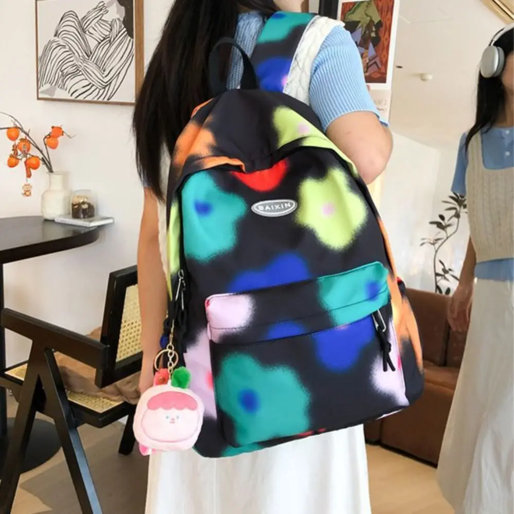 Tas ransel sekolah motif bunga, tas sekolah kapasitas besar, tas ransel motif bunga, dengan liontin, tas bahu berwarna, tas grafiti kreatif