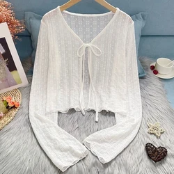 Rimocy Summer Thin Sun-Proof Cardigan Women 2024 Sweet Lace Long Sleeve Crop Tops Woman Breathable Bow Lace Up Cardigan Coat