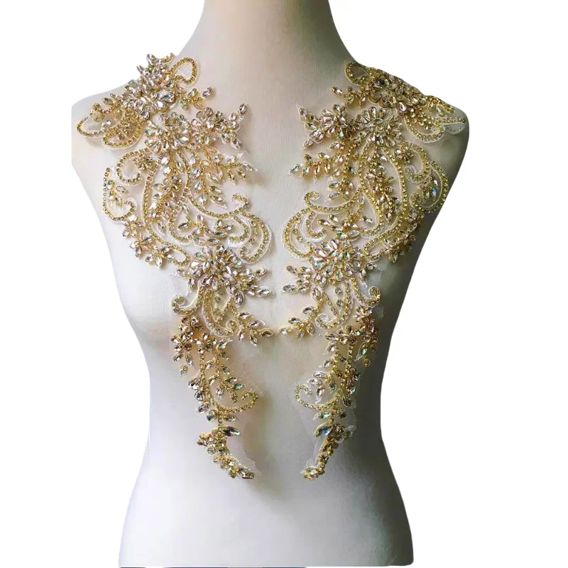 

Gold Silver Hand-sewn Glass Drill Mirror Flowers Sparkling Rhinestone Coats Waistbands Shoulders Wedding Dress DIY Patch Collar
