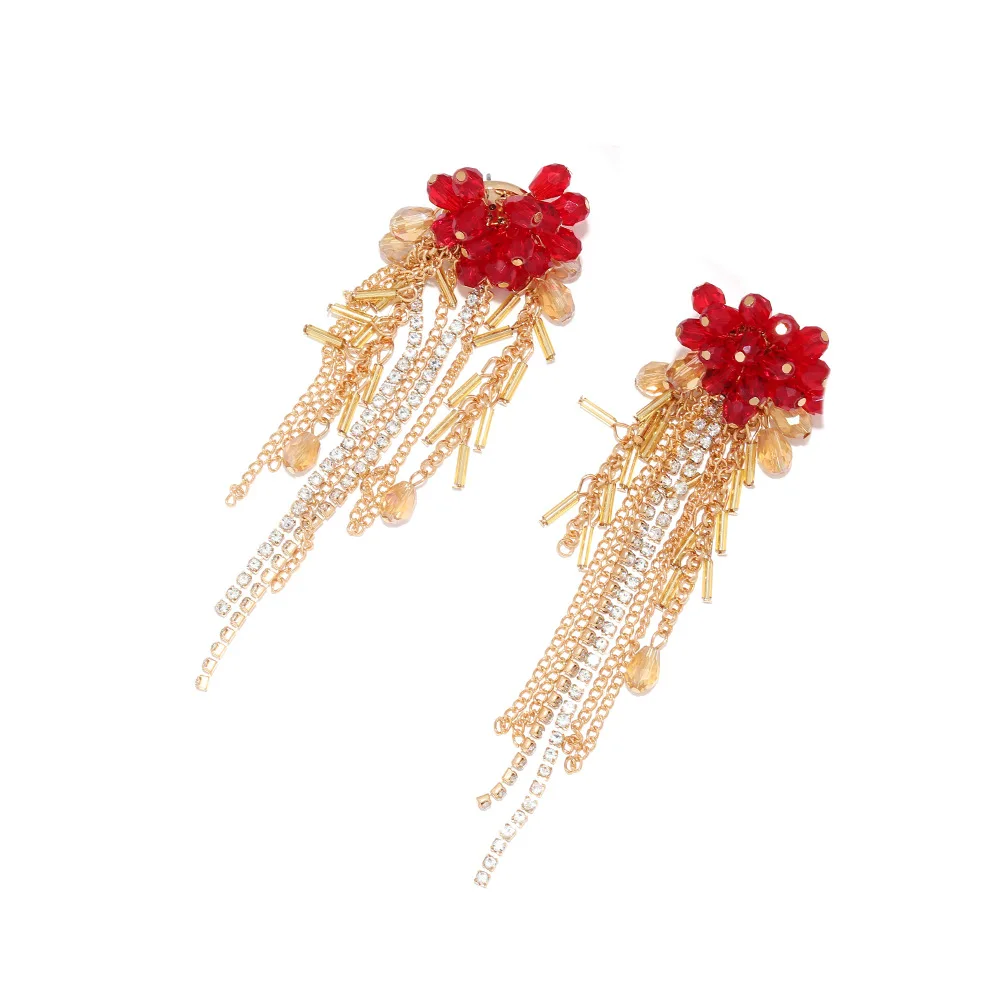 Neuheiten: Rote Blumen-Kristall-Strass-Quasten-Ohrringe für Damen, Modischer Schmuck für Hochzeit, Braut und Party – Detail 4