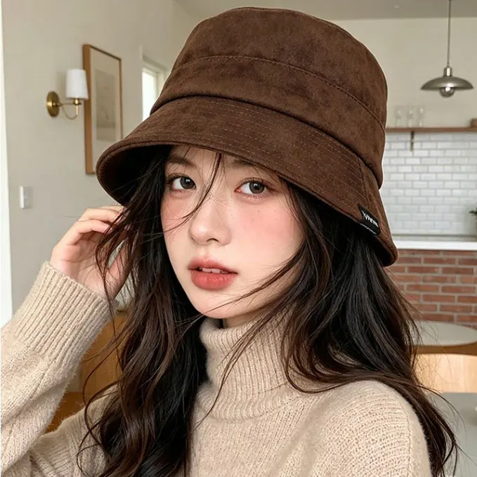 Women\\\'s Bucket Hat with Suede Texture Korean Fashion Influence Wide Brim Face Contouring Foldable for Travel and Daily Use