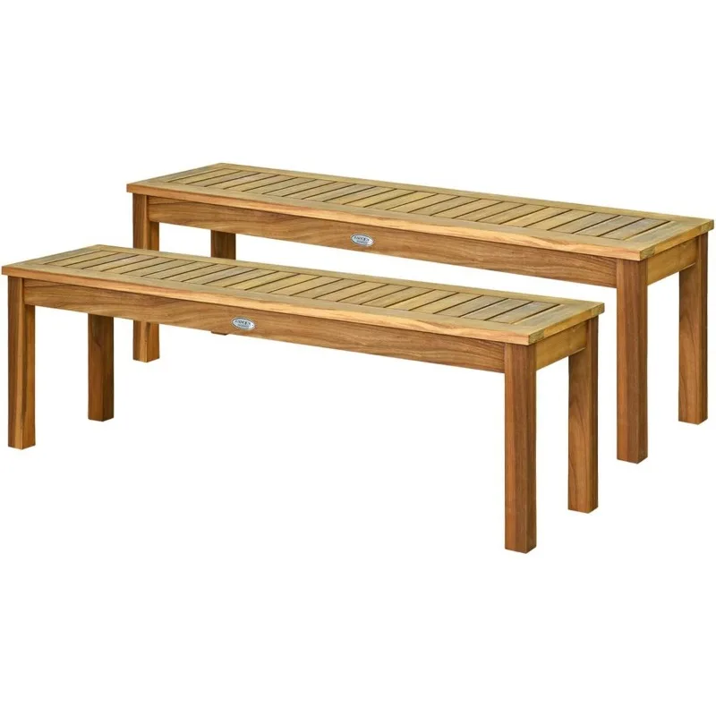 52 Inches Acacia Wood Outdoor Bench, Wood Bench for Dining Room Entryway Poolside Garden, Patio Backless Dining Bench