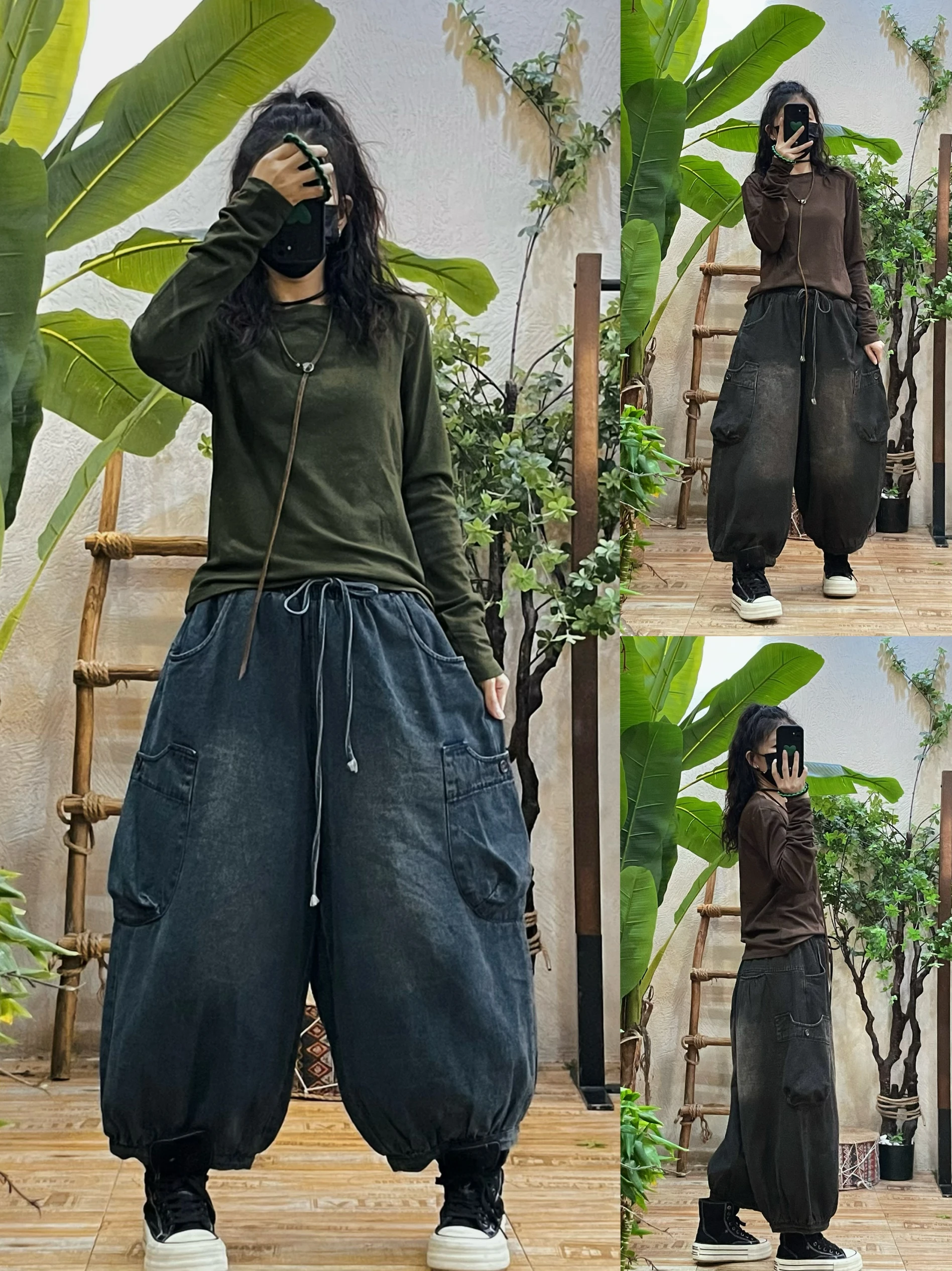 

Ретро дистанционные хлопковые джинсовые широкие брюки, женские зимние новые свободные повседневные брюки-фонарики, восьмилетние брюки