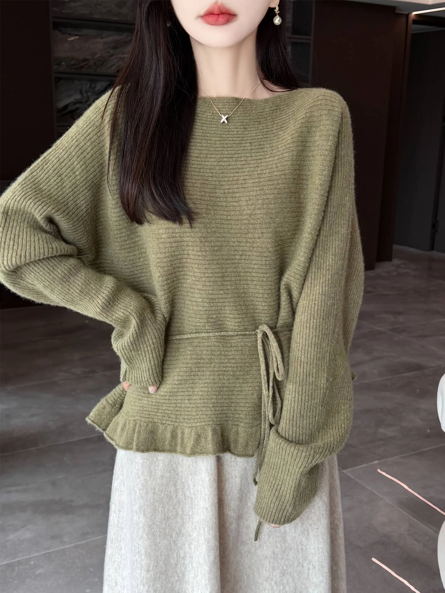 Lazy Style Slash Neck 100% Pure Wool Pullover Sweater Autumn Winter Women's New Soild Batwing Sleeve Loose Knitted Coat Fashion