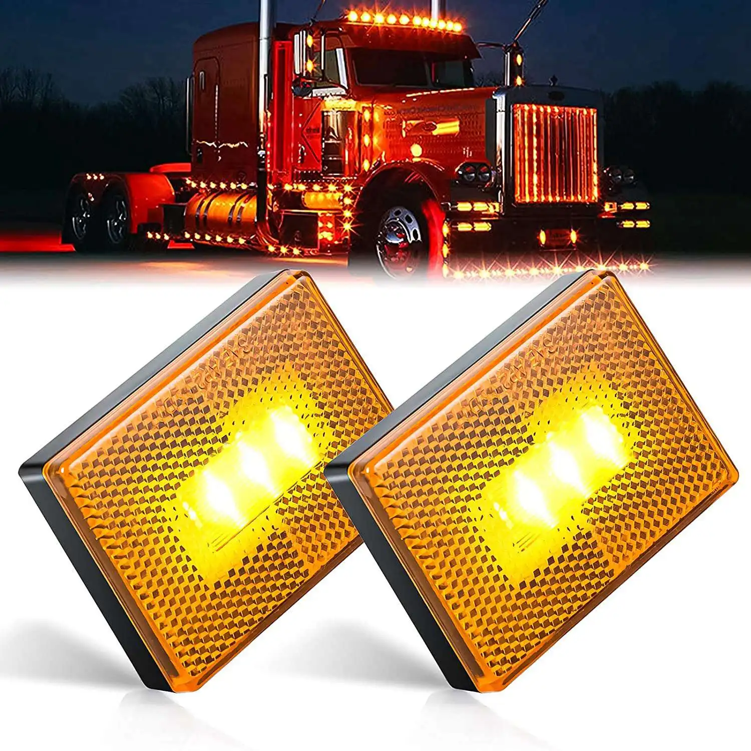 2Pcs LED Side Marker Lights, Square Stud Mount Trailer Clearance Reflex Running Lights for Truck RV Trailers (Yellow)