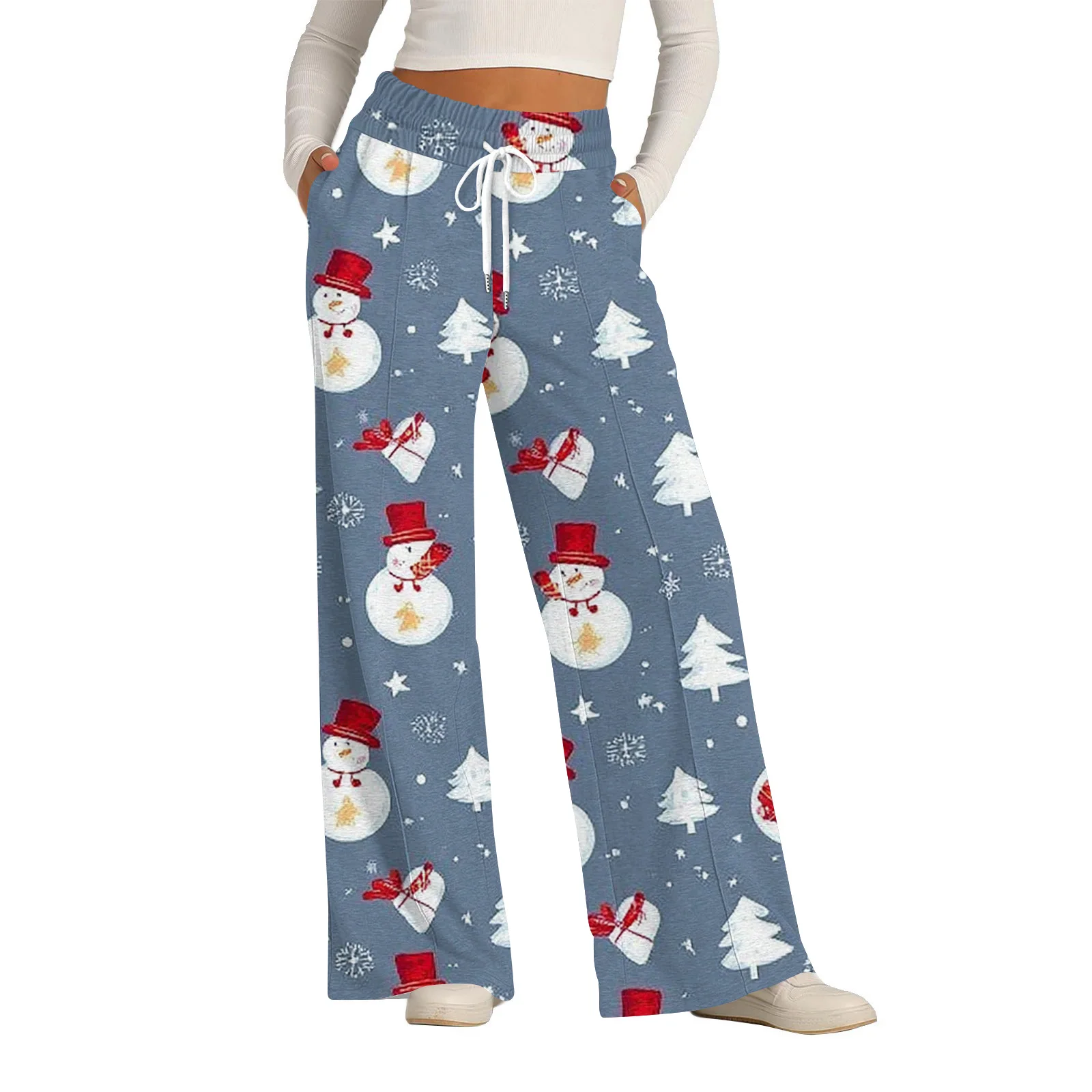 المرأة عيد الميلاد جيوب فضفاضة قيعان عادية بنطلون واسعة مستقيم بنطال ذو قصة أرجل واسعة Sweatpants عالية الخصر فضفاض تشغيل اليوغا بانت #3