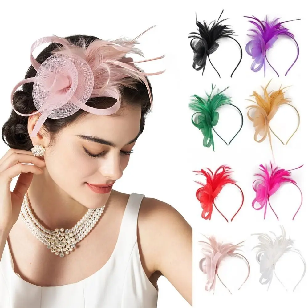 Formal Dress Feathers Mesh Headband Retro Exquisite Small Top Hat Headband Stage Performance Headpiece Luxury Bridal Headband